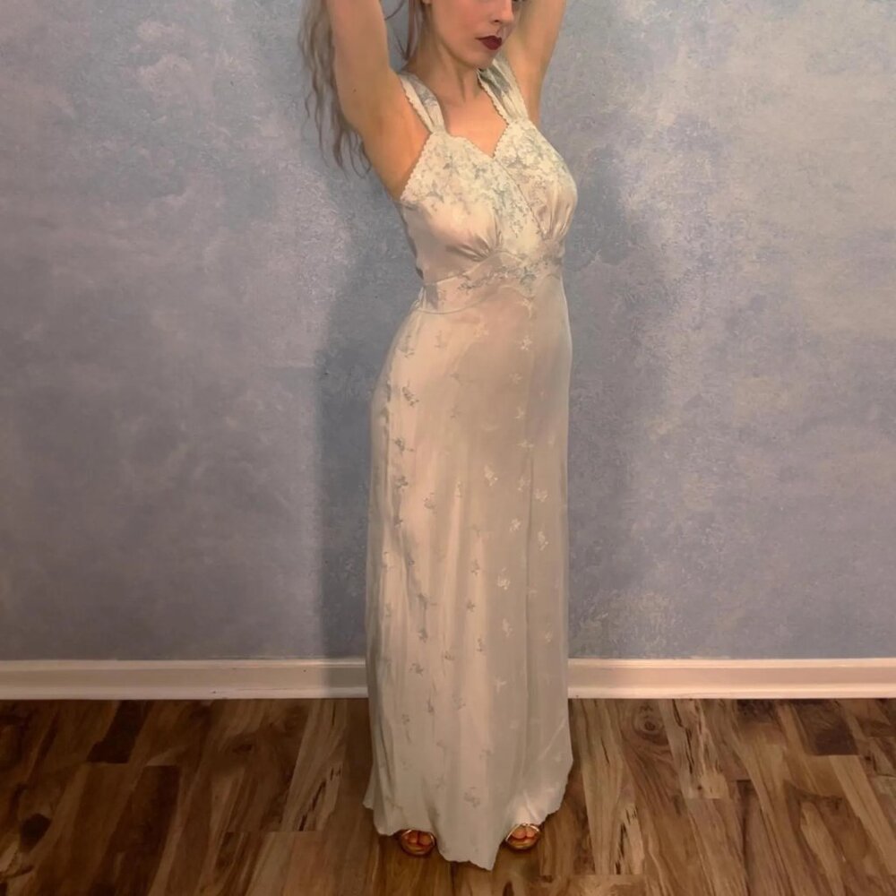 Antique 1930s Ice Blue Embroidered Bias Cut Gown